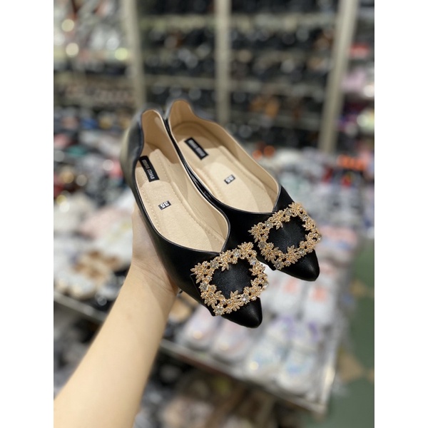 Giày búp bê bệt nữ mềm mũi nhọn gắn đá 2 màu