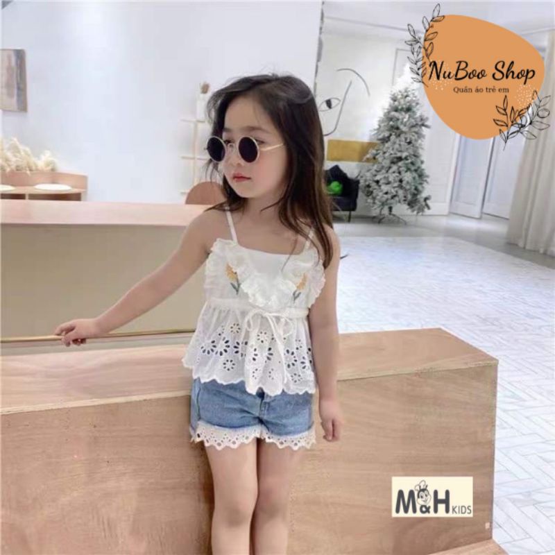 Sét áo hai dây thêu hoa hướng dương kèm quần bò ren cho bé gái 10-23kg