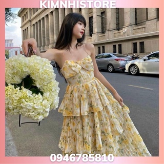 Đầm maxi 2s hoa dập ly 3 tầng