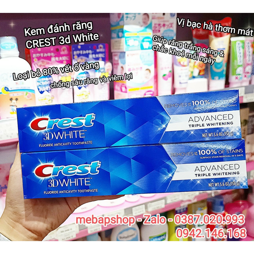 Kem đánh răng Crest 3D White Advanced Triple Whitening và Crest 3D White Vivid Mint Ultra 158g