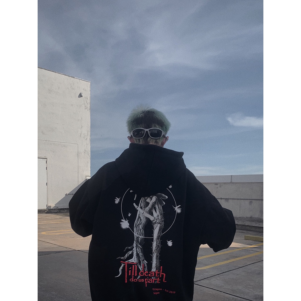 ÁO HOODIE OCTAGON LOVE AND DEATH NỈ BÔNG MÀU ĐEN FORM OVERSIZE ❤️