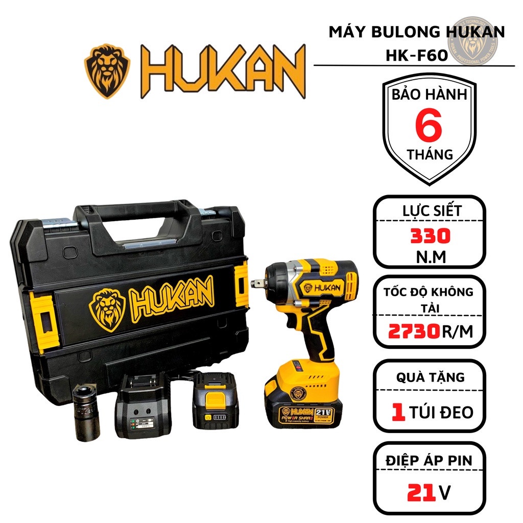 Máy siết bulong pin HUKAN F60 lực siết 330nm tặng kèm bộ khẩu 22 cho máy bulong