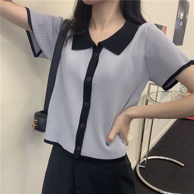 Áo thun Polo dệt kim tay ngắn phối nút nhiều màu sắc phong cách Hàn Quốc thời trang mùa hè cho nữ | BigBuy360 - bigbuy360.vn
