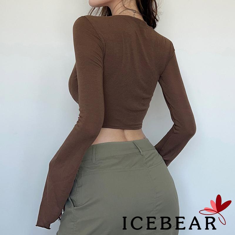 Áo Thun Crop Top Tay Dài Cổ Chữ V Màu Sắc Đơn Giản Dành Cho Nữ