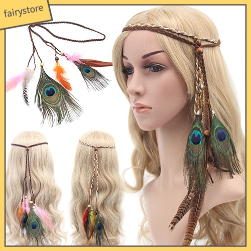 Băng đô cài tóc bện dây phối lông vũ và hạt phong cách boho cho nữ