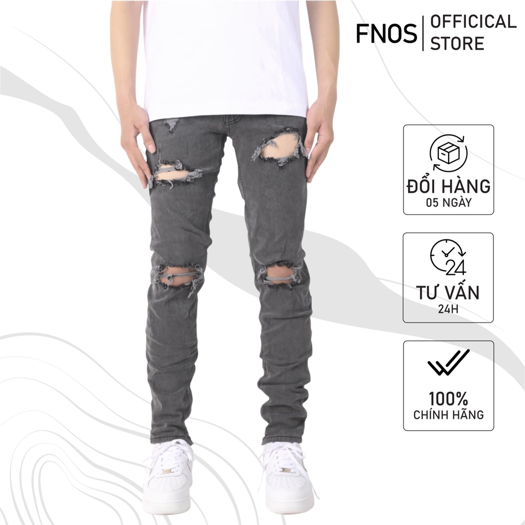Quần Skinny Jeans Nam FNOS Streetwear Màu Xám Rách Gối Có Zip Z11 - Local Brand Chính Hãng