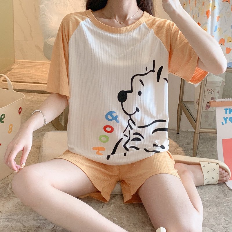 [Sẵn] Đồ bộ bông lanh Quảng Châu, pijama quần ngắn, đồ mặc ở nhà họa tiết hoạt hình dễ thương | BigBuy360 - bigbuy360.vn