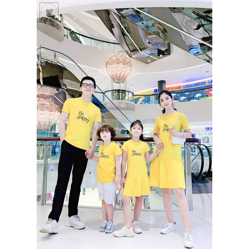 Áo gia đình 3/4/5 người Đồng phục đồ gia đình chất thun cotton đẹp màu vàng váy đuôi cá BE HAPPY đi chơi du lịch