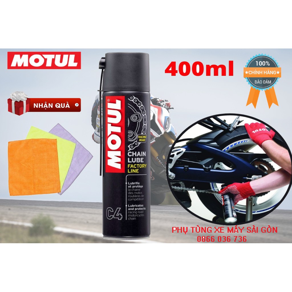 Xịt dưỡng sên Motul C4 400ml - Dưỡng sên cao cấp cho xe PKL, PKN (Tặng khăn lau xe chuyên dụng)