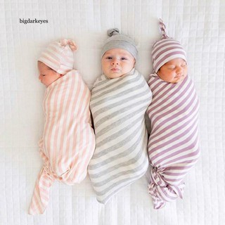 BDK 2Pcs/Set Striped Swaddle Baby Wrap Blanket Knot Beanie Newborn Infant Photo Prop