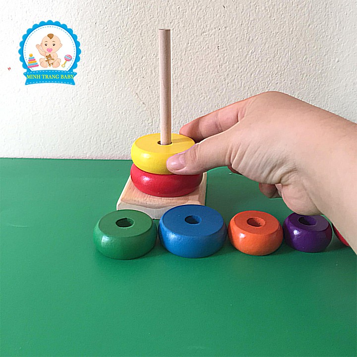 Đồ chơi gỗ tháp xếp chồng cho bé nhận biết màu sắc kích thước, Đồ chơi Montessori gỗ an toàn