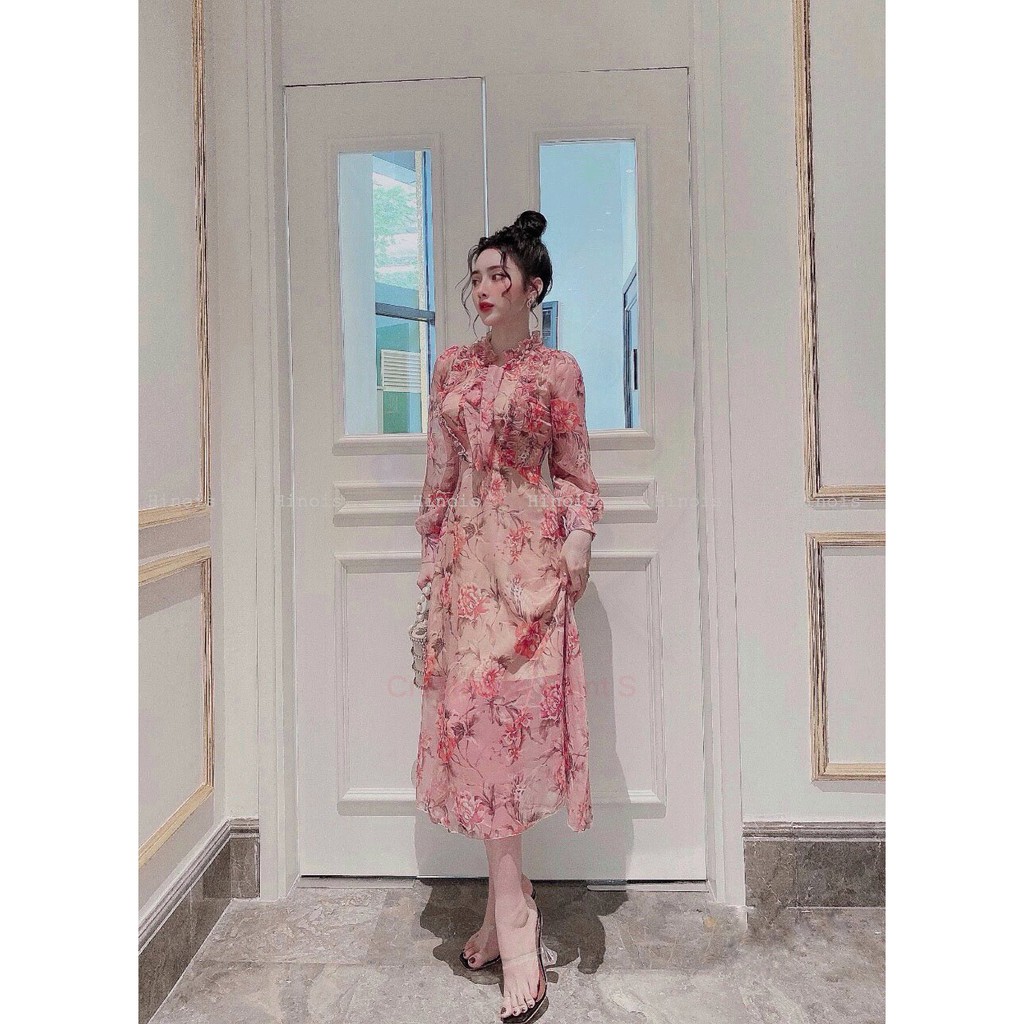 [HINOIS237] Đầm Maxi Hoa Tay Dài, Cổ Thắt Nơ Cách Điệu, Style Bánh Bèo Tiểu Thư, Chất Liệu Voan Tơ Cao Cấp- KÈM ẢNH THẬT