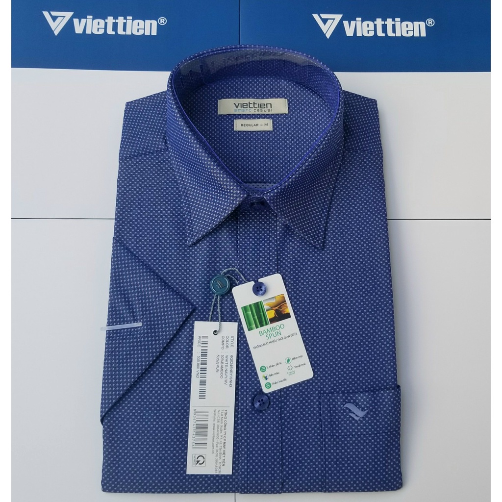 Aó sơ mi Việt Tiến smart casual ngắn tay ,tà ngang mã 6Q0245NRY chính hãng ,cao cấp - form suông REGULAR -TÀ NGANG,