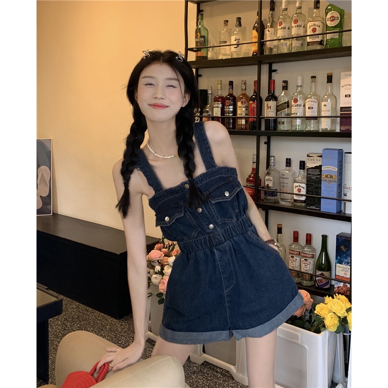 Quần yếm denim ZHELIHANGFEI lưng cao ống rộng thời trang cá tính trẻ trung cho nữ