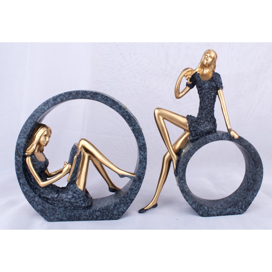 decor trang trí phòng khách. tượng cô gái đọc sách. set tượng cô gái đọc sách. decor trang trí phòng khách