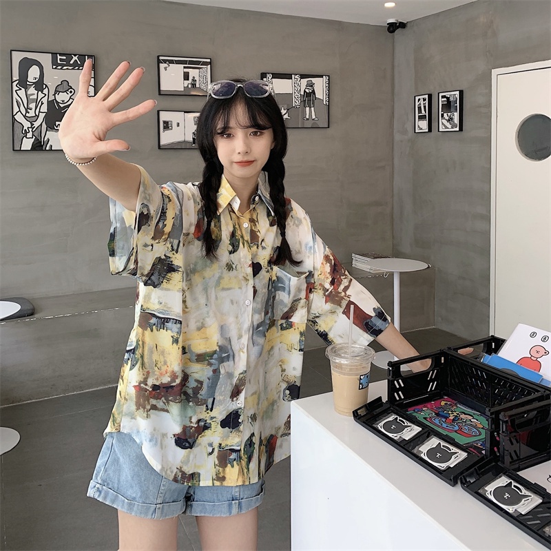 SUXI Áo Sơ Mi Tay Ngắn In Họa Tiết Phong Cách Retro Hàn Quốc