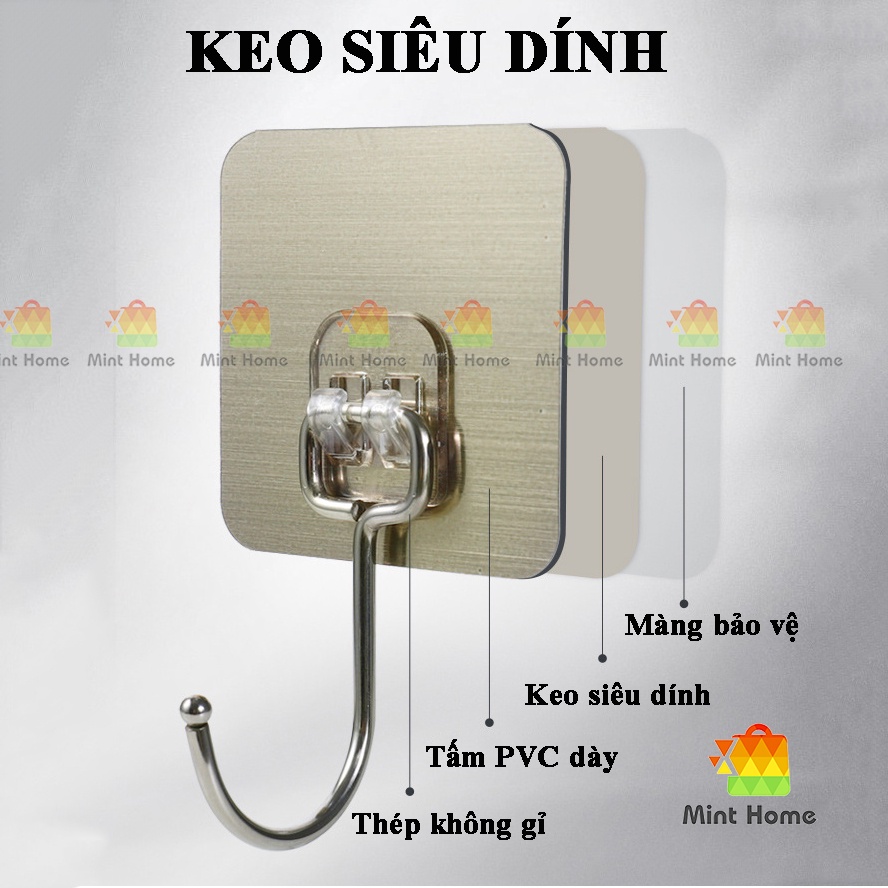 Móc dán tường inox 304 không gỉ siêu dính chịu lực 20 kg loại cực tốt, miếng treo dùng thay thế móc giá kệ bếp, nhà tắm