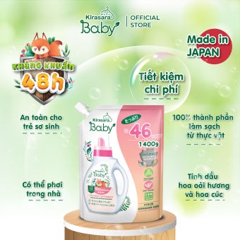 Nước giặt/xả Giảm Khuẩn Kirasara Baby Giúp bảo vệ quần áo của trẻ khỏi vi khuẩn, mùi hôi trong 48h - Herbaby