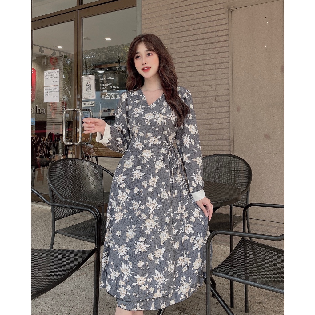 Đầm nữ maxi phong cách Hàn Quốc, vải lụa in hoa 100D cao cấp, trẻ trung kèm dây thắt eo hiện đại L81-  WB WOMAN &amp; BEAUTY