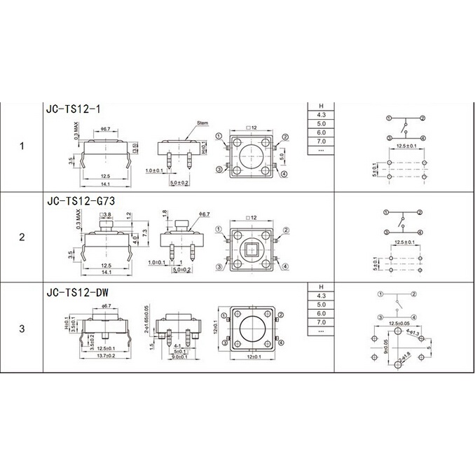 Set 20 nút bấm mini Pcb 4pin 12x12mm 12x12x4.3mm 12x12x4.3 5 67mm 8mm 9mm