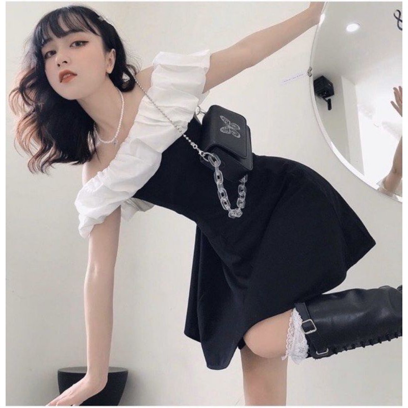 Váy Body Cộc Tay Phối Ngực Trắng Nữ ❤️ Hana Store - Freeship ❤️ Đầm suông trơn dáng ôm hở vai cộc tay tiểu thư bánh bèo