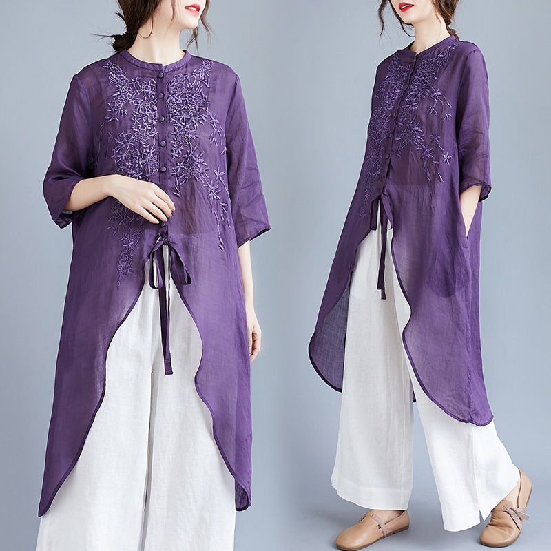 ☻ L O T U S ☻ Áo Kiểu Vải Lanh Thêu Họa Tiết Phong Cách Cổ Điển Mới Size CAL1514