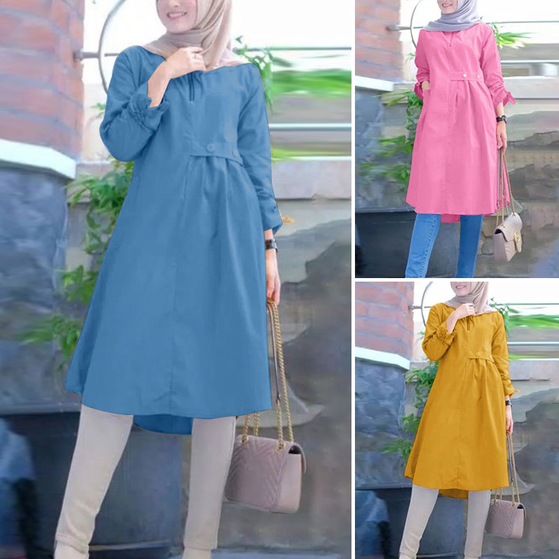 Zanzea Vintage Solid Color Áo dài tay trên cho phụ nữ Hồi giáo