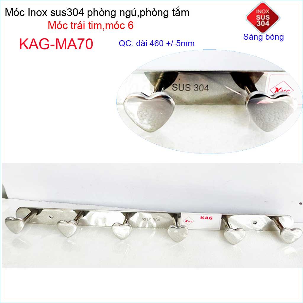 Móc treo quần áo inox 304 cao cấp dày, móc tim Kace 6 móc treo đồ nhà tắm KAG-MA70