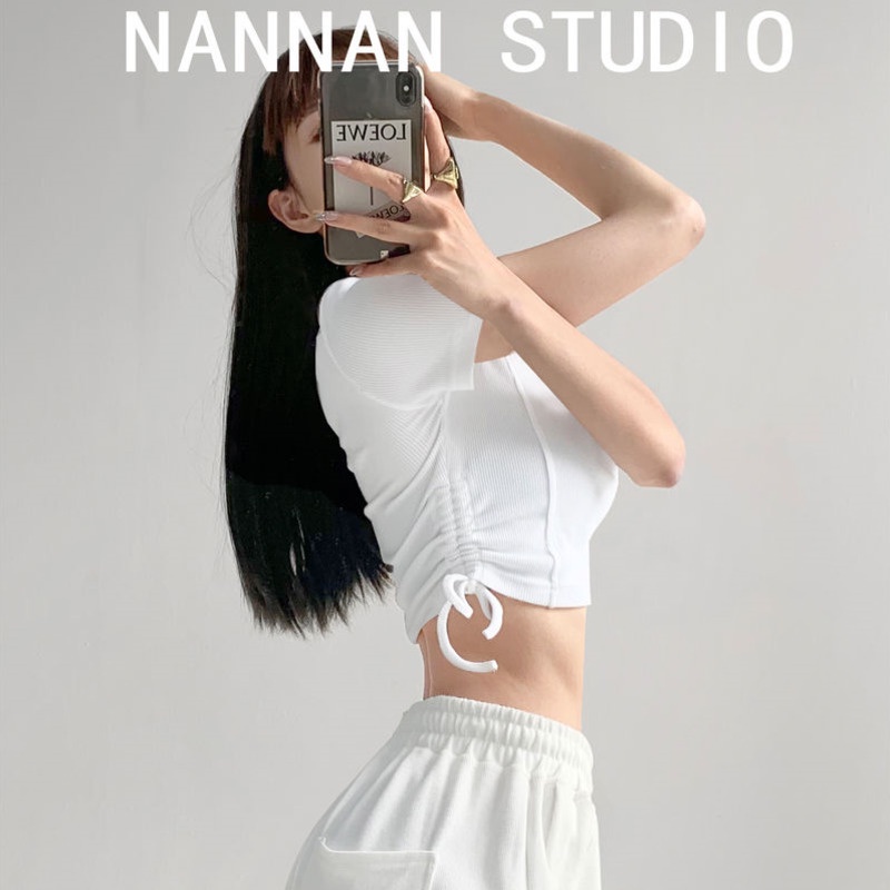 Áo Thun Dệt Kim Tay Ngắn Dáng Ôm Phối Dây Rút Thời Trang Mùa Hè Cho Nữ