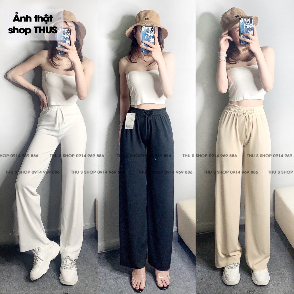 Quần ống suông nữ gân tăm thun lạnh co dãn THUS, Quần ống rộng lưng cao hàng đẹp Q2H01