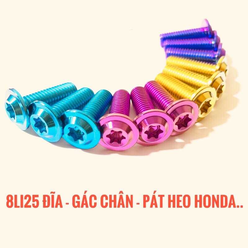 Ốc titan 8li25 đầu dù mỏng gắn đĩa gác chân và pát heo honda