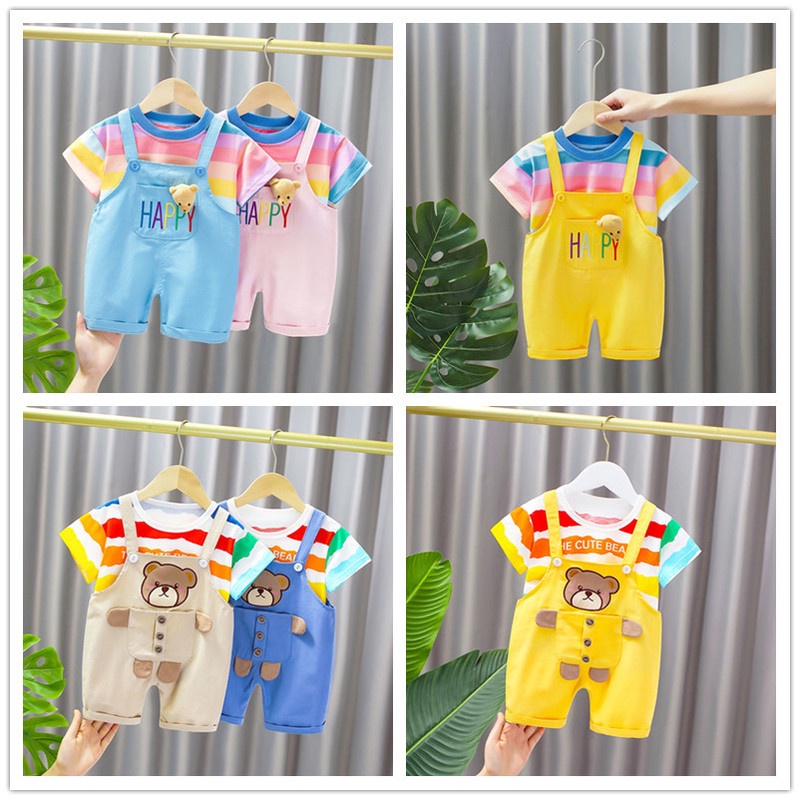 Set Đồ Mùa Hè 2 Món Gồm Áo Thun Cotton Tay Cộc In Họa Tiết Kẻ Sọc + Quần Yếm Có Dây Đeo Thời Trang Cho Bé Trai Và Gái