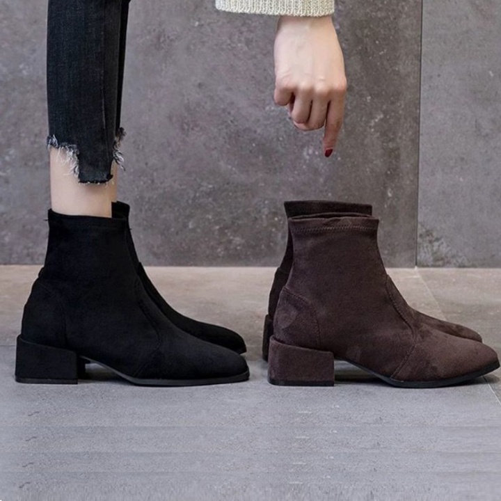 [HÀNG XỊN] Giày boot 3 phân da lộn cổ lửng bốt nữ cổ ngắn đế vuông cá tính, phong cách Korea S087