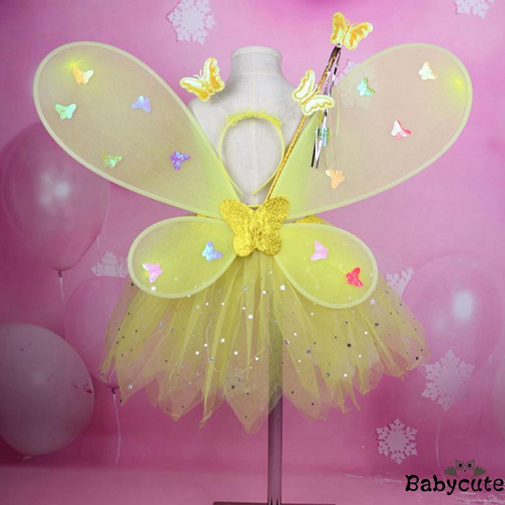 Bộ Trang Phục Hóa Trang Nàng Tiên Bé 4 Món Gồm Váy Tutu Nhẹ + Cánh Bướm Có Đèn LED + Băng Đô + Đũa Thần