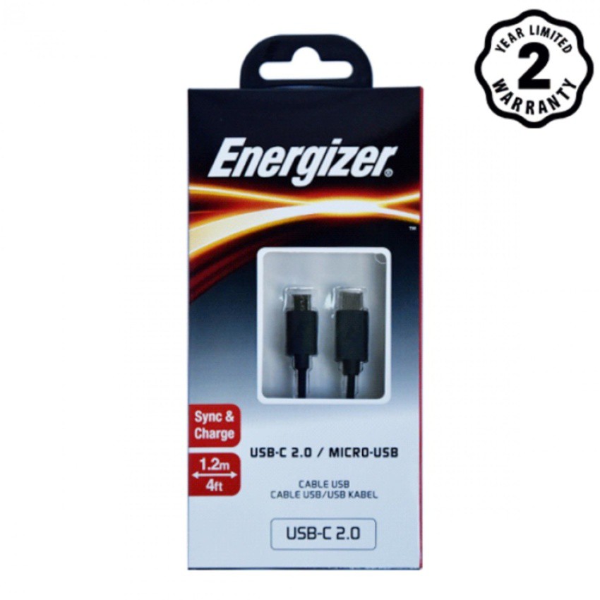 [Freeship toàn quốc từ 50k] Cáp sạc Type-C Energizer USB-C ra Micro-USB 2.0 dài 1.2m - C11C2MCGBK4 Cho Android (Đen)