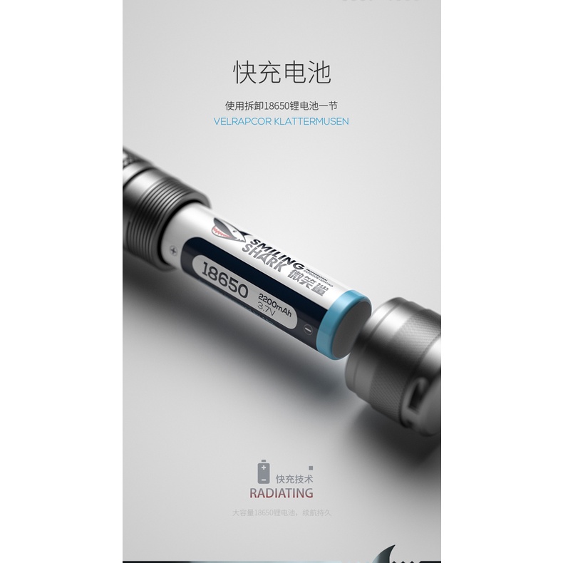 Đèn pin LED Smiling Shark E30 siêu sáng USB có thể sạc lại 3 loại làm việc không thấm nước ngoài trời câu cá cắm trại trên núi