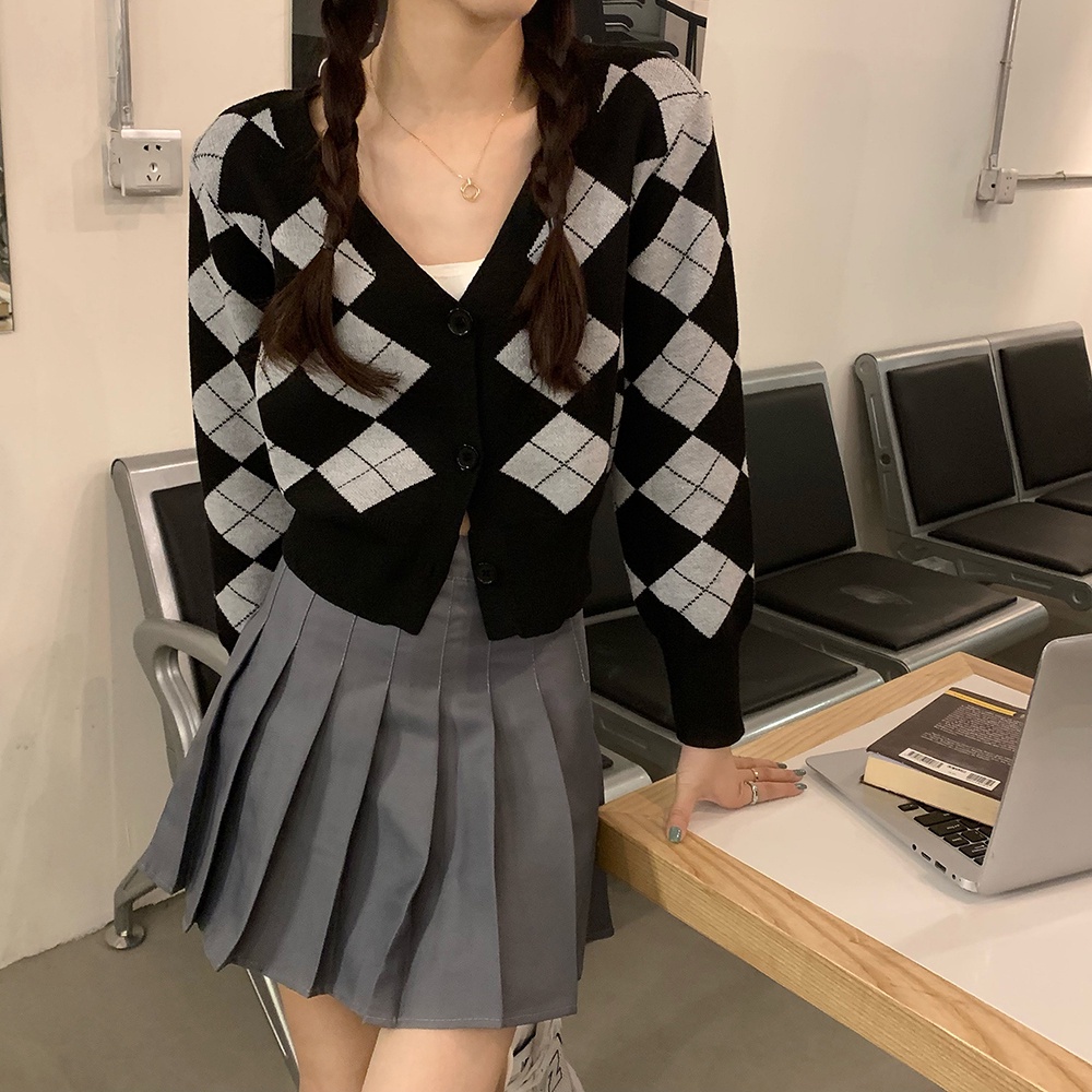 SUXI Áo Khoác Cardigan Dệt Kim Tay Dài Cổ Chữ V Kẻ Sọc Ca Rô Dáng Ôm Thời Trang Mùa Thu Cho Nữ