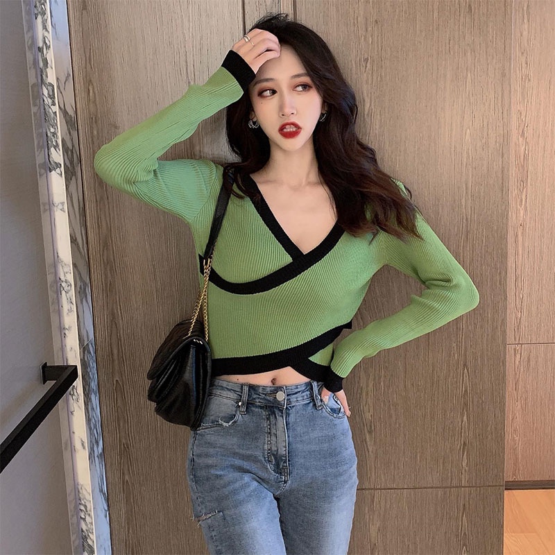 Áo Dệt Kim Tay Dài Cổ Chữ V Lưng Cao Thời Trang Hàn Quốc Cho Nữ