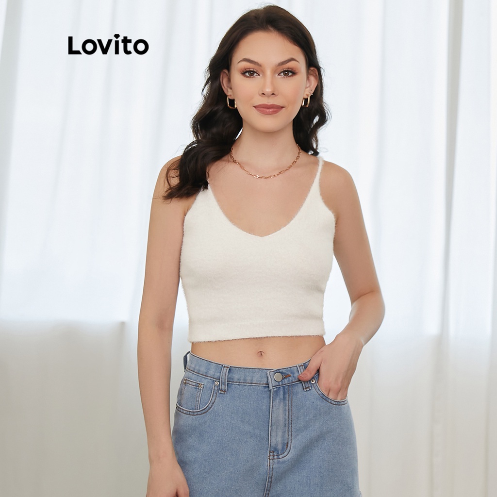 Lovito Áo dệt kim đơn giản thường Camis L21EN016 (Trắng)