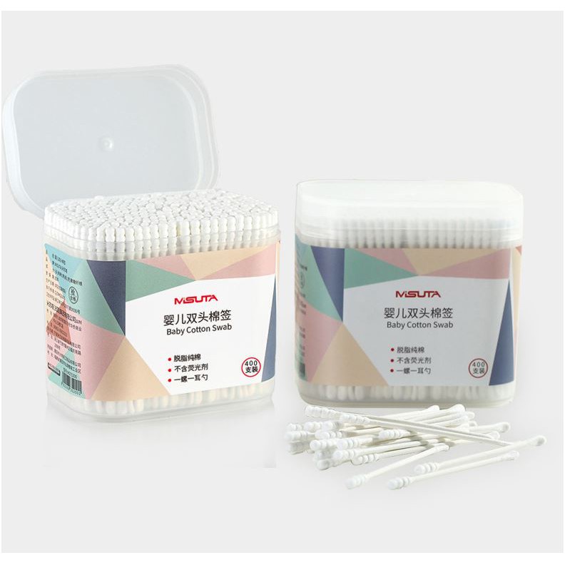 Một hộp tăm bông trẻ em Misuta, , hàng chuẩn Công ty, Thiết kế thông minh 1 đầu móc giúp dễ lấy gỉ tai