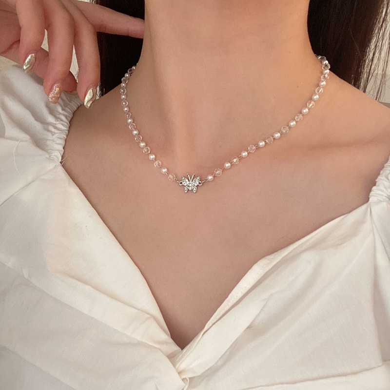 vòng cổ Mặt Hình Bướm Đính Đá Và Ngọc Trai Sang Trọng Cho Nữ