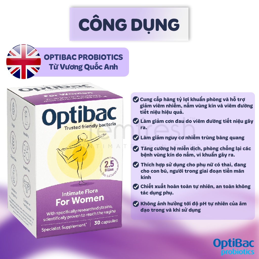 Men Vi Sinh Optibac Probiotics For Women (Optibac Tím) Hộp 30 viên/ 90 viên