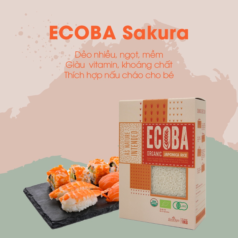 Gạo Nhật nấu cháo cho bé 100% hữu cơ - ECOBA Sakura 1kg - Thơm mềm dẻo ngọt - Chứng nhận hữu cơ quốc tế in trên hộp