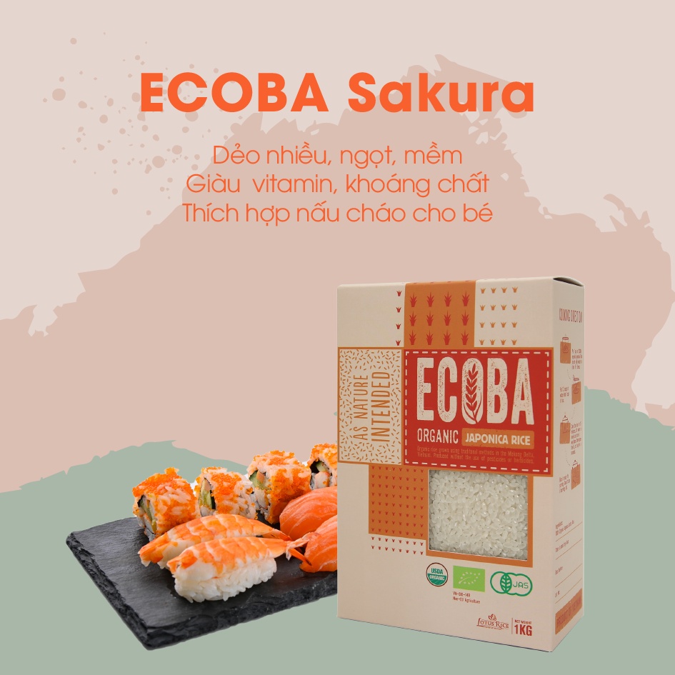 Gạo Nhật hữu cơ 1kg/ ECOBA Sakura - Combo 3 hộp (tổng 3kg)