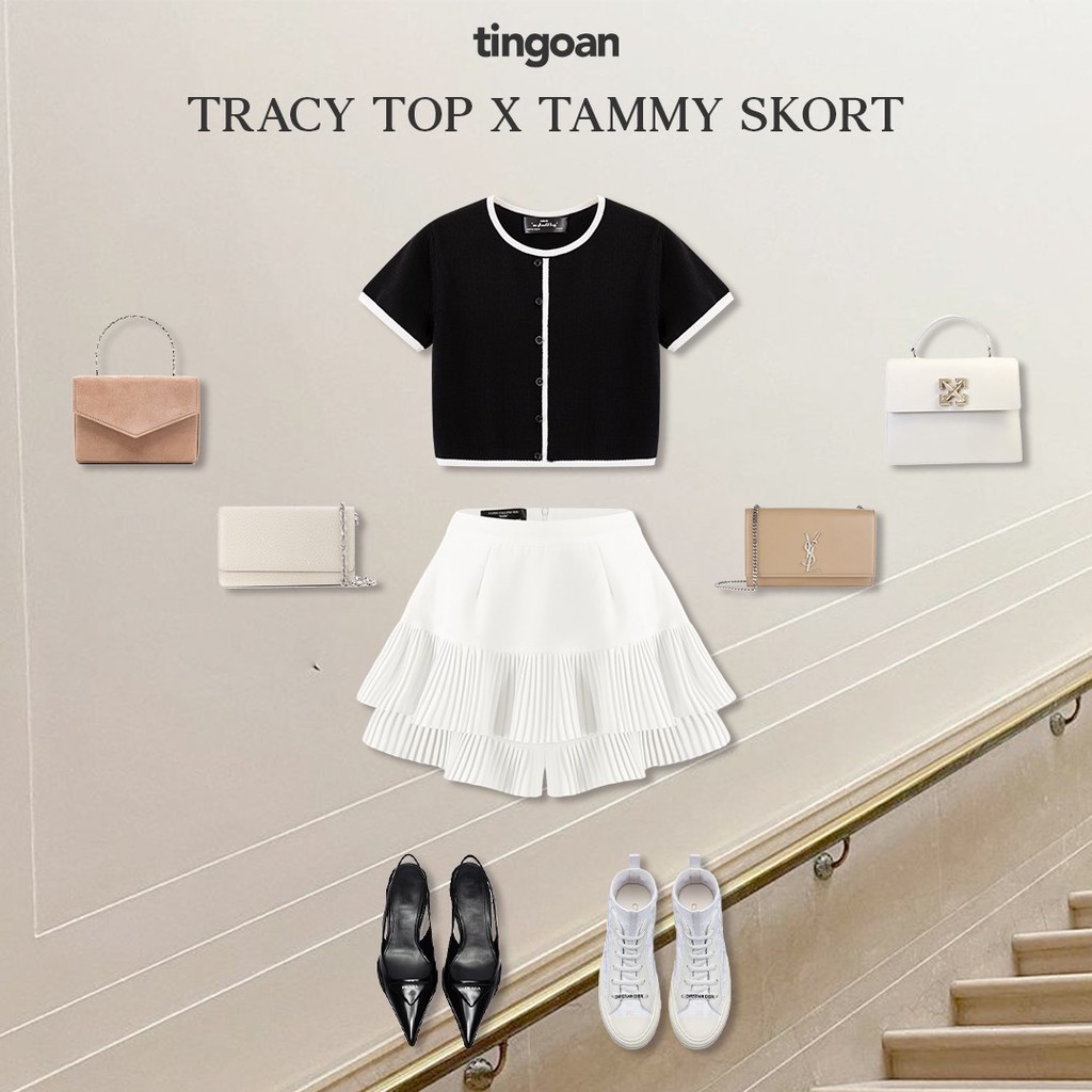 Áo croptop len ngắn tay đen viền trắng tingoan TRACY TOP/BL | BigBuy360 - bigbuy360.vn