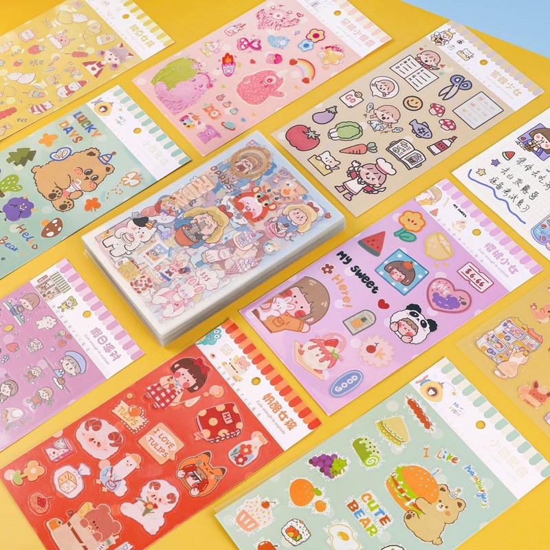 Set Sticker 6 Tấm Sticker PVC Trong Suốt Dễ Thương Trang Trí Sổ Tay, Trang Trí Bullet Journal, Gấu dâu