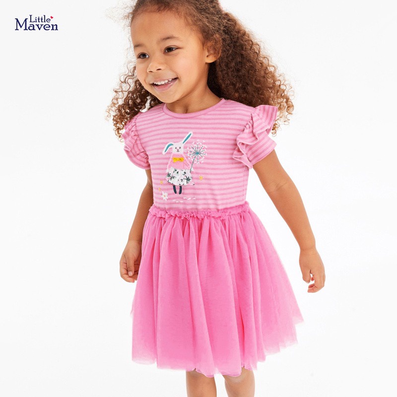 [ Hàng chính hãng ] Váy LITTLEMAVEN hồng chân ren thỏ cực đẹp cho bé gái