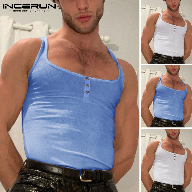 Áo ba lỗ nam INCERUN không tay phối nút màu trơn thường ngày mùa hè có 2 màu