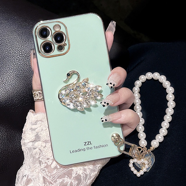 Ốp Điện Thoại Hình Thiên Nga Đính Kim Cương Giả Kèm Dây Đeo Cho Apple iphone 13 12promax iphone 11 pro max