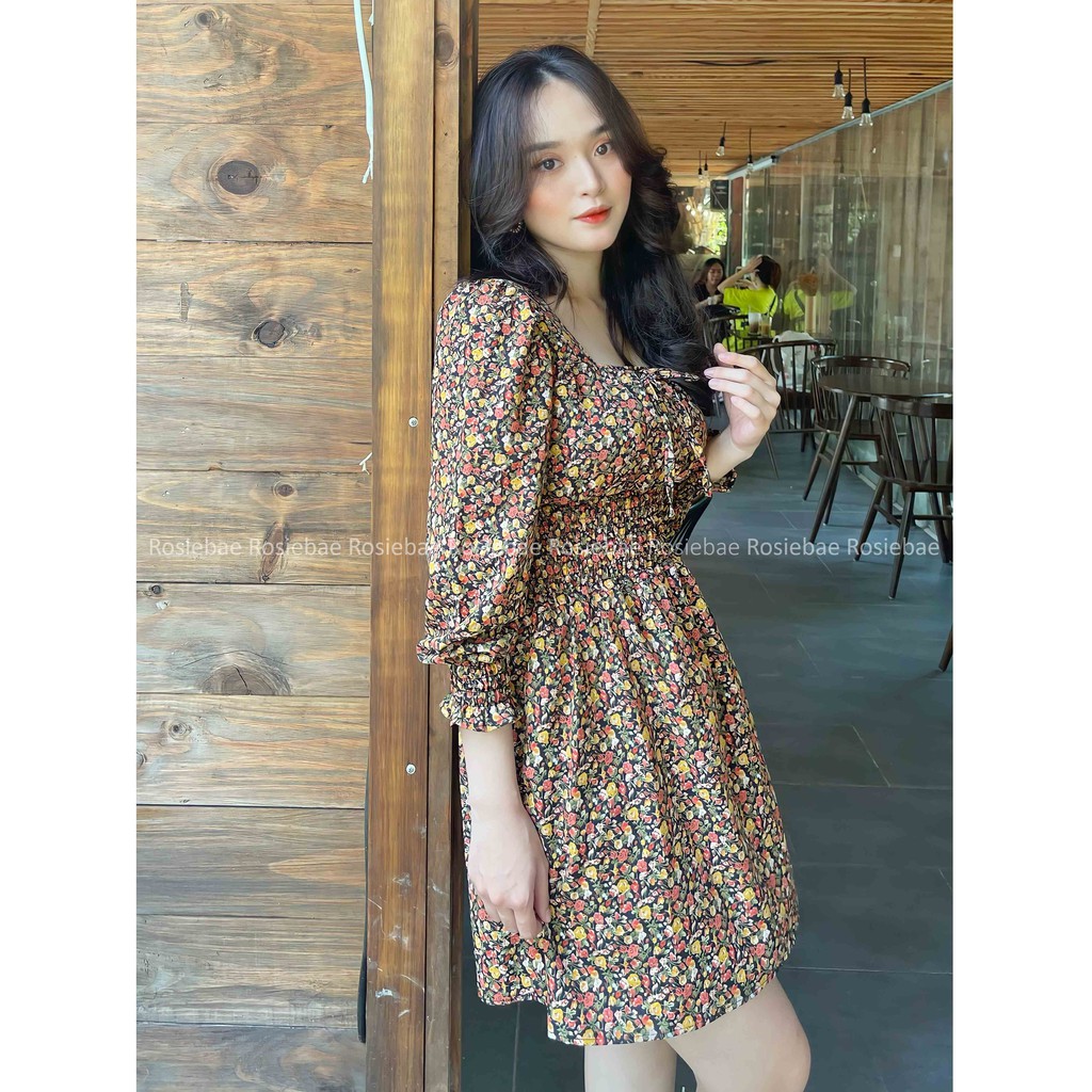 Đầm hoa cổ vuông tay dài nhún bụng ngọt ngào thích hợp đi chơi, dựu tiệc, hẹn hò - Rosie Bae | BigBuy360 - bigbuy360.vn